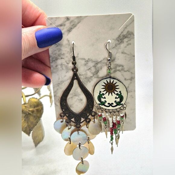 "5/$25" Mismatched Ethnic Dragon Lizard Brass Shell Bead Dangle Earrings - Picture 1 of 9